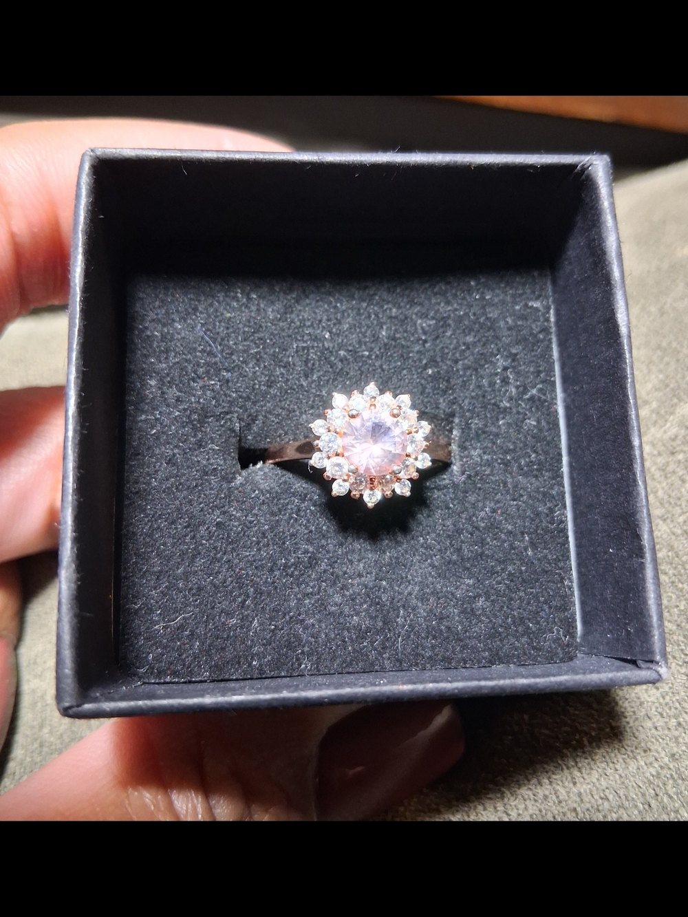 Rose Gold Halo Flower Ring with Pink Center